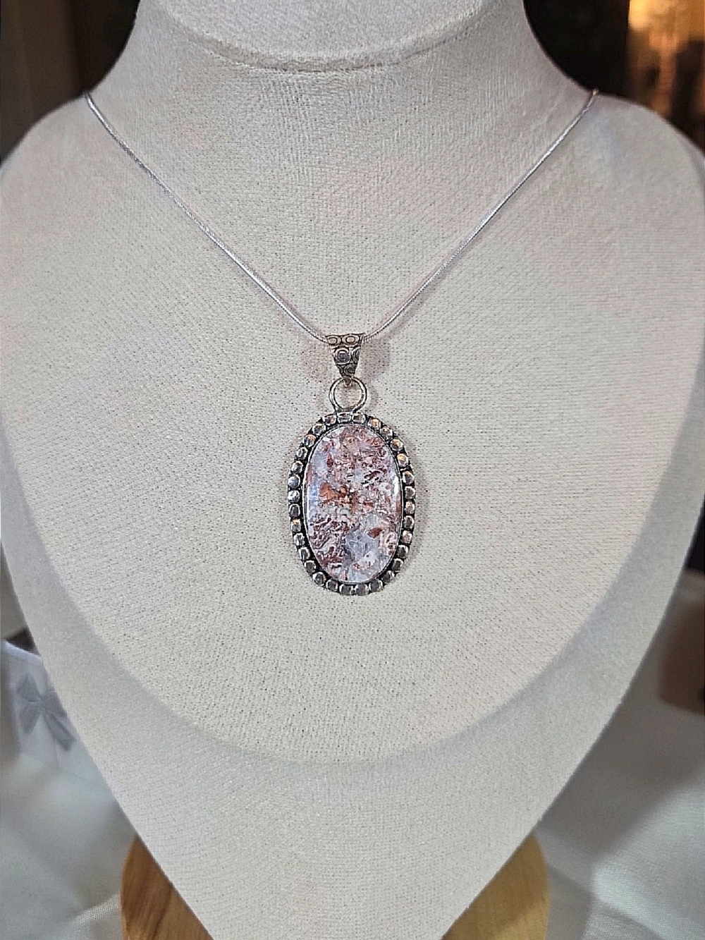 Silver Pink Marbled Oval Pendant Necklace Jasper Handmade
